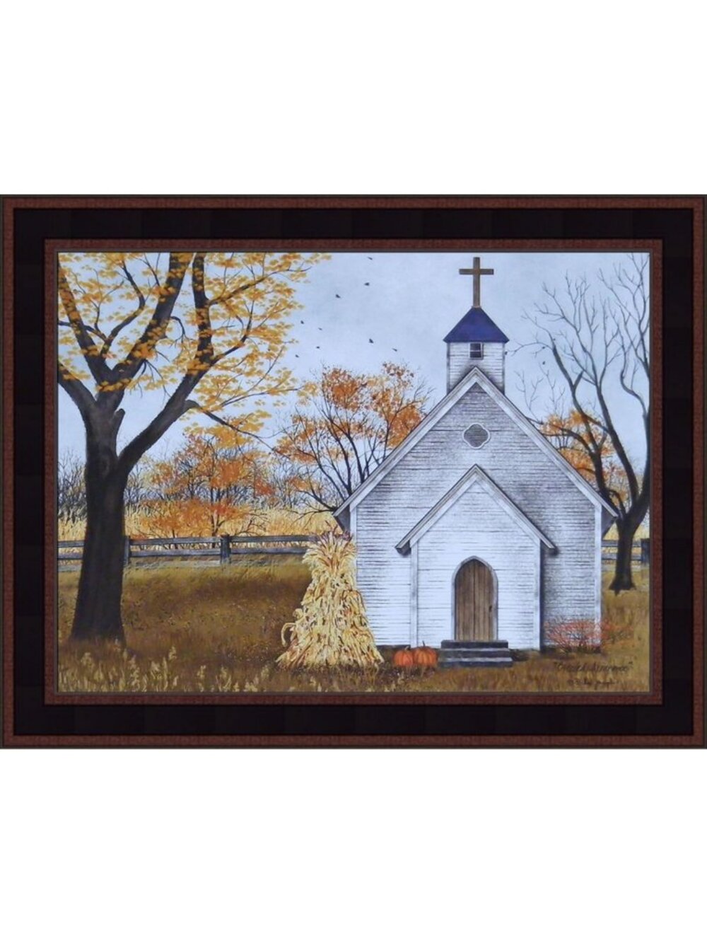 Autumn Country Church Steeple Cross Art Print - 15x19 Framed Fall Decor